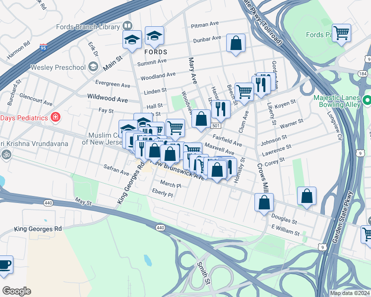 map of restaurants, bars, coffee shops, grocery stores, and more near 827 King Georges Road in Woodbridge Township
