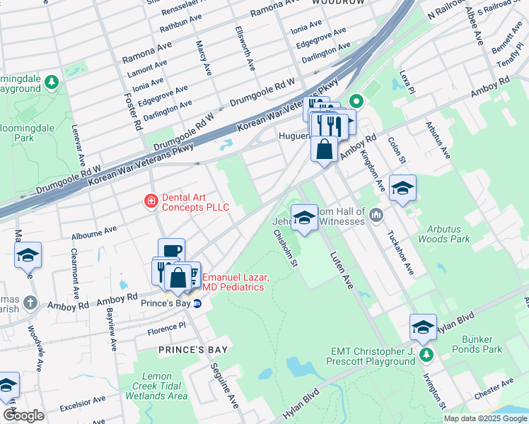 map of restaurants, bars, coffee shops, grocery stores, and more near 5608 Amboy Road in Staten Island