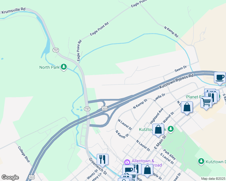 map of restaurants, bars, coffee shops, grocery stores, and more near 132 Portia Court in Kutztown
