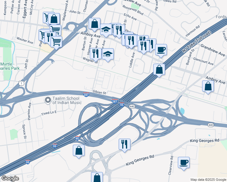 map of restaurants, bars, coffee shops, grocery stores, and more near 28 Plymouth Place in Edison