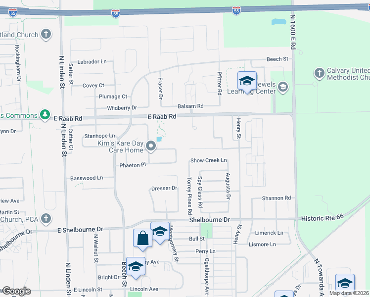 map of restaurants, bars, coffee shops, grocery stores, and more near 1002 Pine Meadows Court in Normal