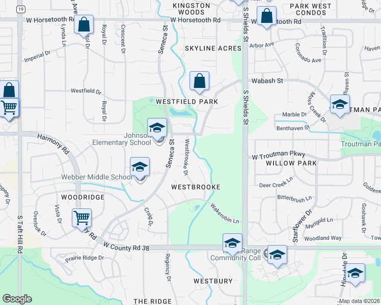 map of restaurants, bars, coffee shops, grocery stores, and more near 4126 Westbrooke Drive in Fort Collins