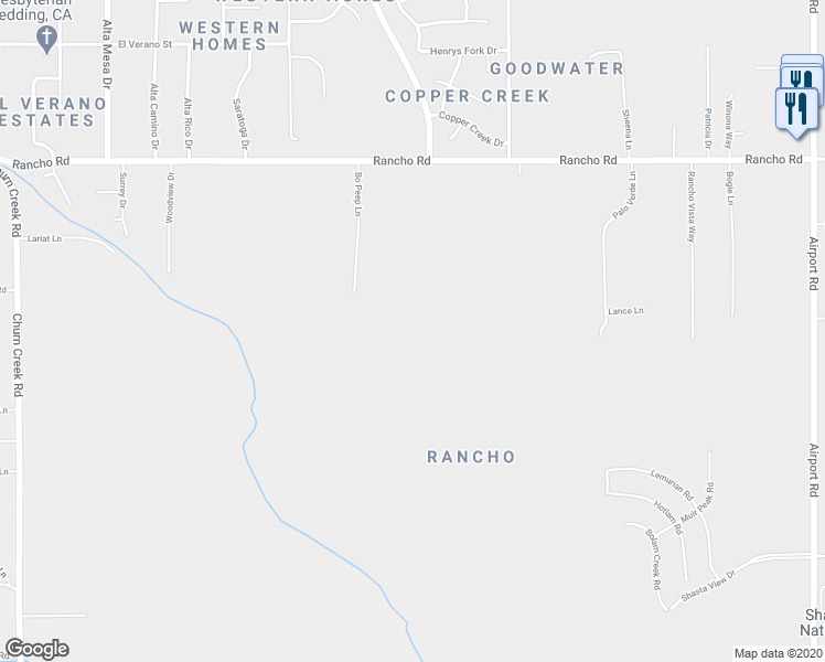map of restaurants, bars, coffee shops, grocery stores, and more near 2873 Rancho Road in Redding