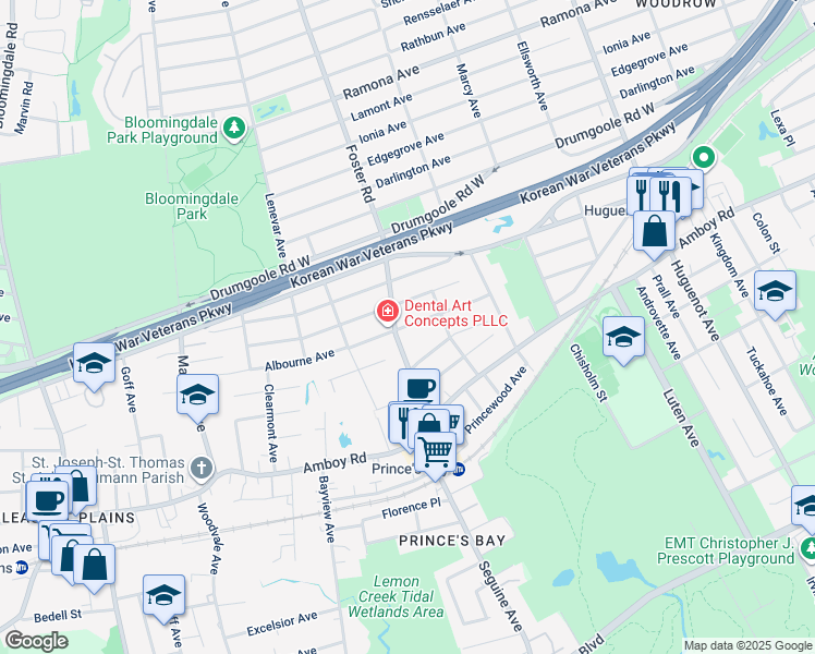 map of restaurants, bars, coffee shops, grocery stores, and more near 299 Albourne Avenue in Staten Island