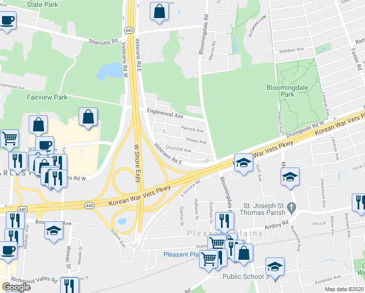 map of restaurants, bars, coffee shops, grocery stores, and more near 70 Pitney Avenue in Staten Island