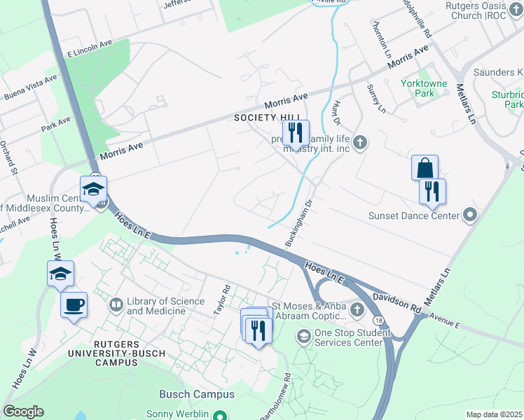 map of restaurants, bars, coffee shops, grocery stores, and more near 355 Lancaster Court in Piscataway