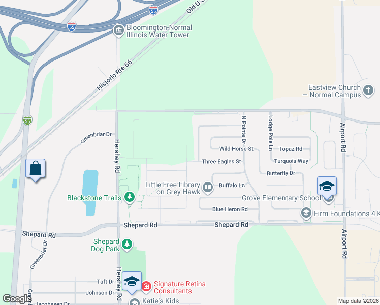 map of restaurants, bars, coffee shops, grocery stores, and more near 1207 Big Horn Way in Normal