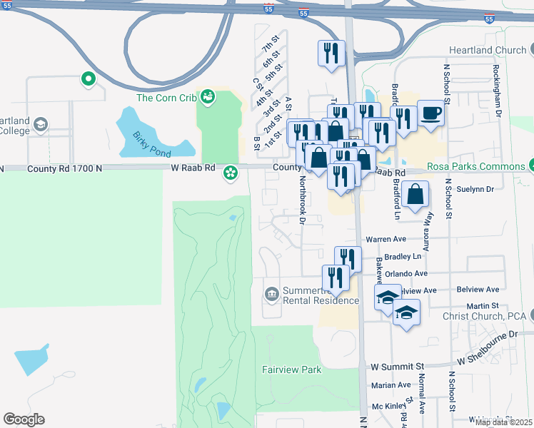 map of restaurants, bars, coffee shops, grocery stores, and more near 725 West Raab Road in Normal