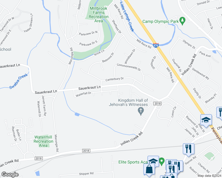 map of restaurants, bars, coffee shops, grocery stores, and more near 4705 Waterfall Drive in Macungie