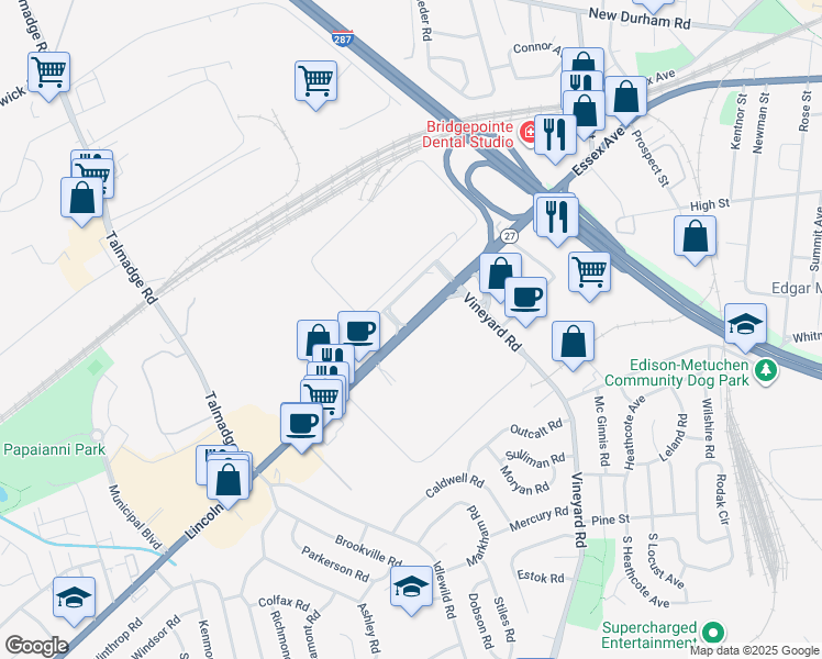 map of restaurants, bars, coffee shops, grocery stores, and more near 2170 Lincoln Highway in Edison