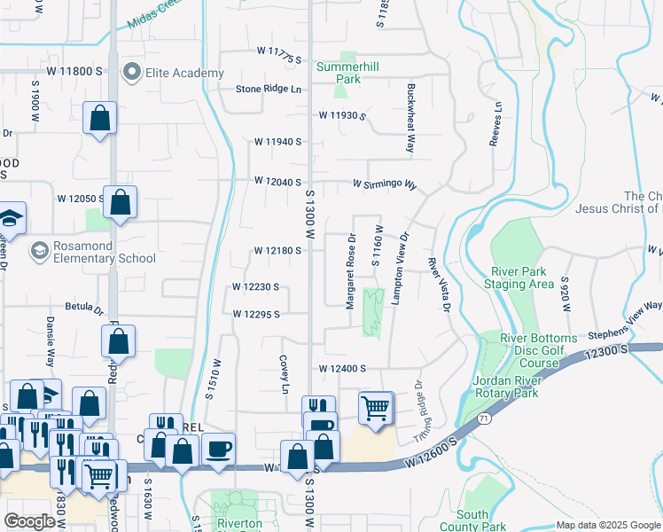 map of restaurants, bars, coffee shops, grocery stores, and more near 12207 Margaret Park Drive in Riverton