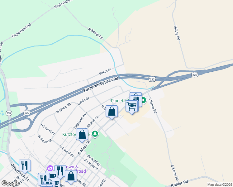 map of restaurants, bars, coffee shops, grocery stores, and more near 739 Highland Avenue in Kutztown
