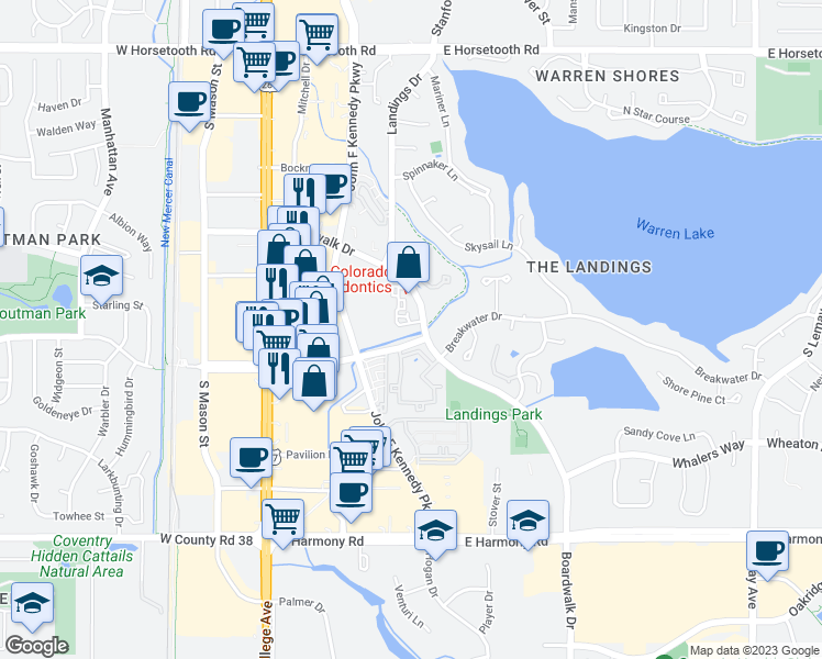map of restaurants, bars, coffee shops, grocery stores, and more near 4245 East Boardwalk Drive in Fort Collins