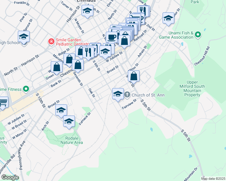 map of restaurants, bars, coffee shops, grocery stores, and more near 579 Furnace Street in Emmaus