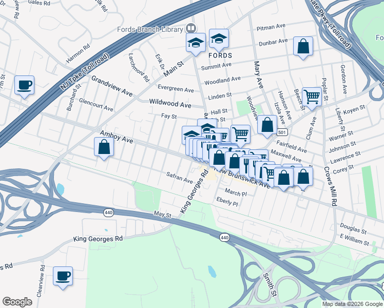 map of restaurants, bars, coffee shops, grocery stores, and more near Maple Drive in Edison