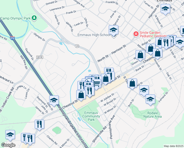 map of restaurants, bars, coffee shops, grocery stores, and more near 100 Eagle Drive in Emmaus