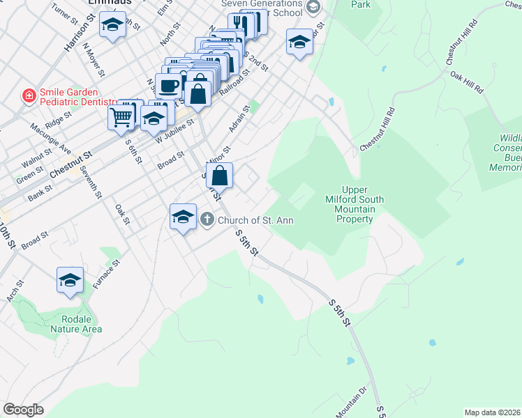 map of restaurants, bars, coffee shops, grocery stores, and more near 392 Fairview Street in Emmaus