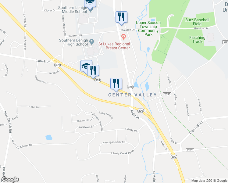 map of restaurants, bars, coffee shops, grocery stores, and more near 6018 Main Street in Center Valley