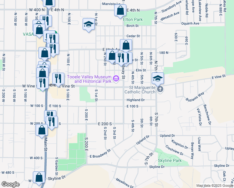 map of restaurants, bars, coffee shops, grocery stores, and more near 12 South Broadway Avenue in Tooele