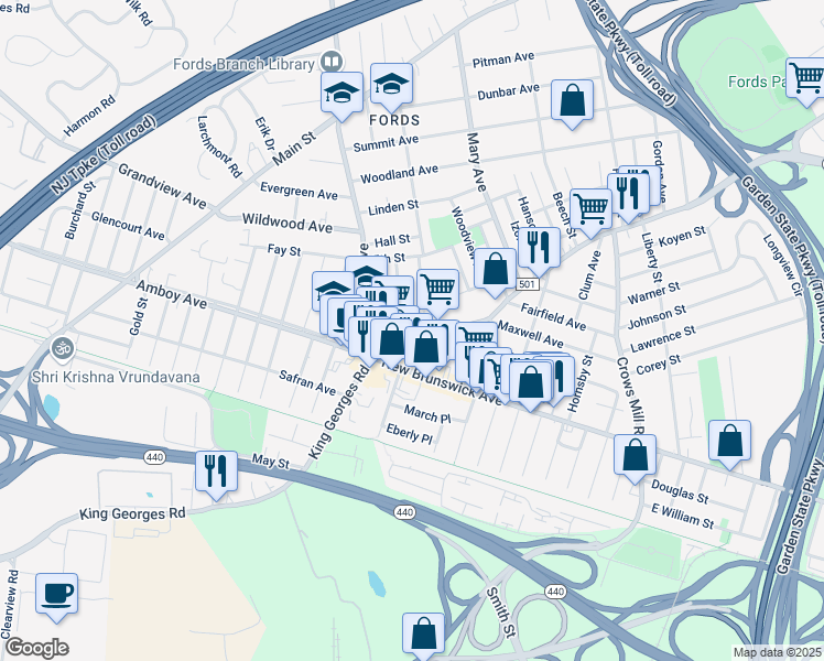 map of restaurants, bars, coffee shops, grocery stores, and more near 14 South 2nd Street in Woodbridge Township