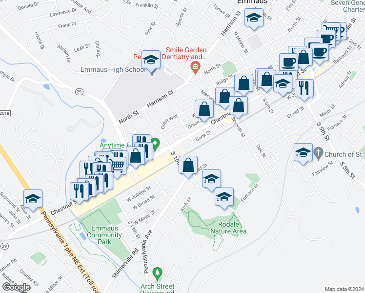 map of restaurants, bars, coffee shops, grocery stores, and more near 926 Chestnut Street in Emmaus