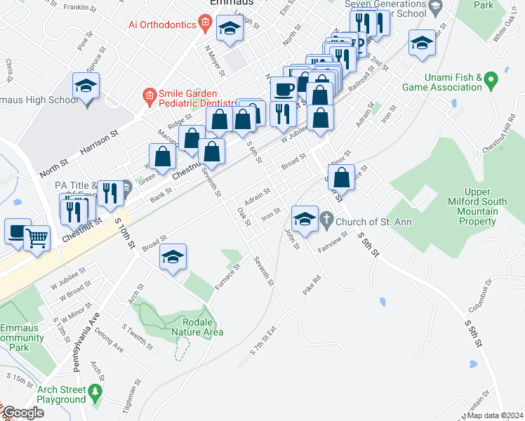 map of restaurants, bars, coffee shops, grocery stores, and more near 638 Minor Street in Emmaus