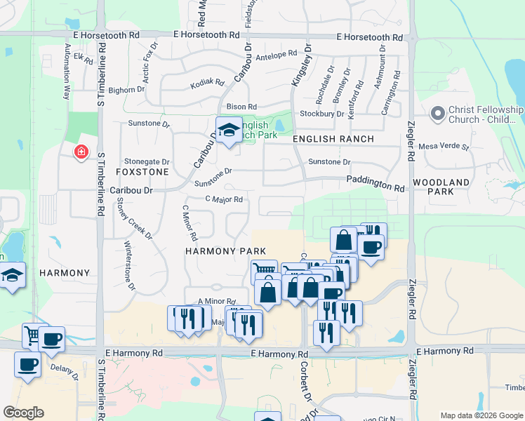 map of restaurants, bars, coffee shops, grocery stores, and more near 4201 Corbett Drive in Fort Collins