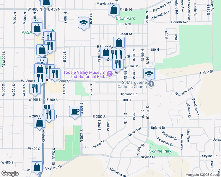 map of restaurants, bars, coffee shops, grocery stores, and more near 12 South Broadway Avenue in Tooele