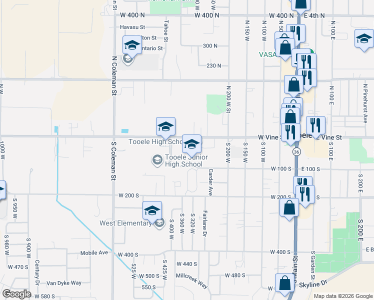 map of restaurants, bars, coffee shops, grocery stores, and more near 345 West Vine Street in Tooele