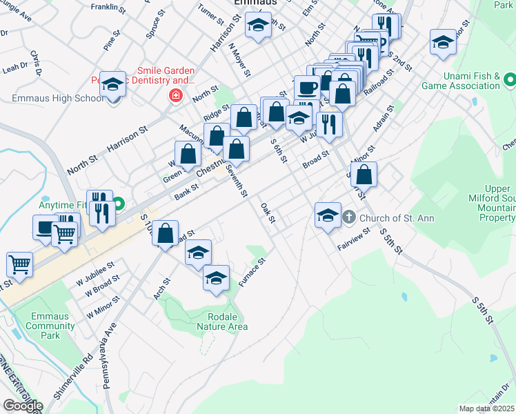 map of restaurants, bars, coffee shops, grocery stores, and more near 662 Adrain Street in Emmaus