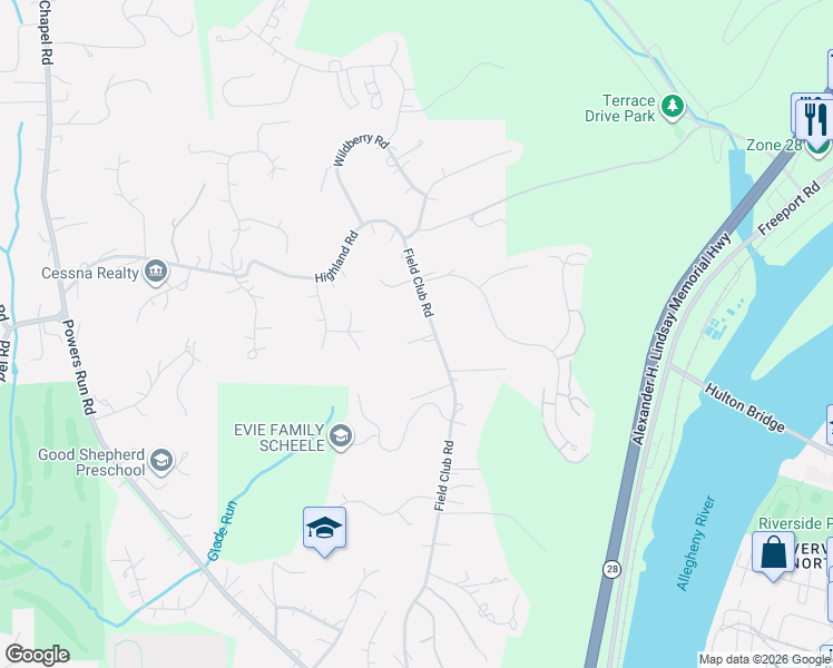 map of restaurants, bars, coffee shops, grocery stores, and more near 935 Field Club Road in Pittsburgh