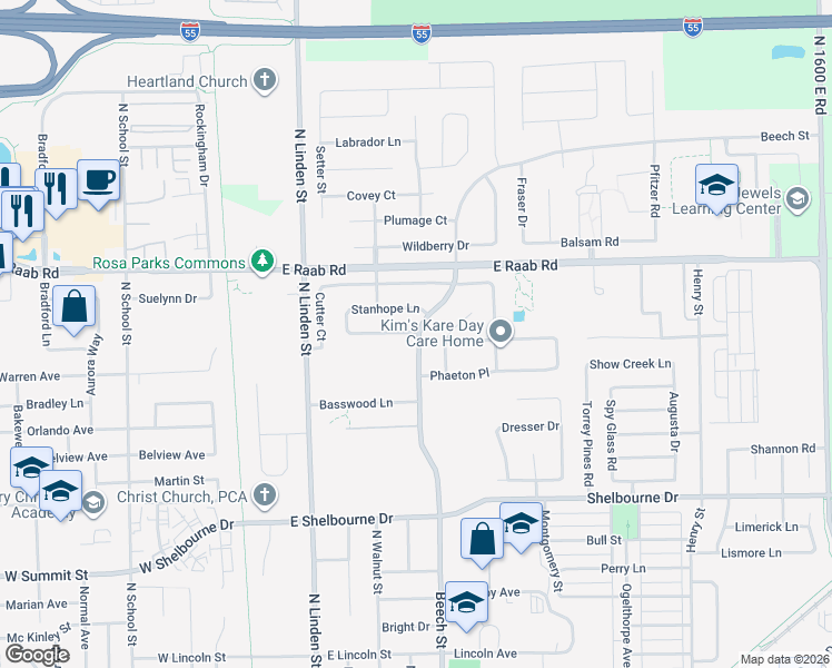 map of restaurants, bars, coffee shops, grocery stores, and more near 1614 Beech Street in Normal