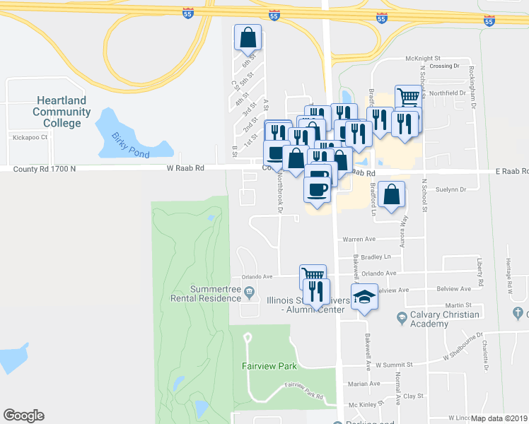 map of restaurants, bars, coffee shops, grocery stores, and more near 702 North Golfcrest Road in Normal