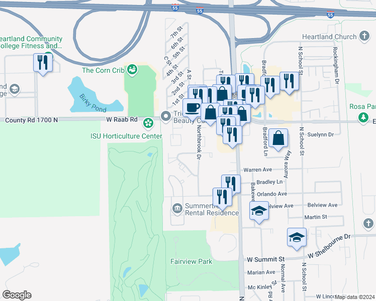map of restaurants, bars, coffee shops, grocery stores, and more near 704 North Golfcrest Road in Normal
