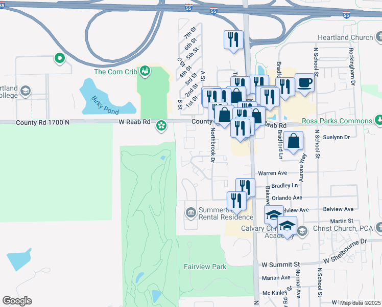 map of restaurants, bars, coffee shops, grocery stores, and more near 725 West Raab Road in Normal