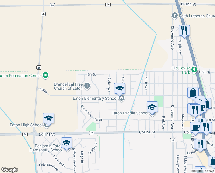 map of restaurants, bars, coffee shops, grocery stores, and more near 1205 3rd Street Road in Eaton