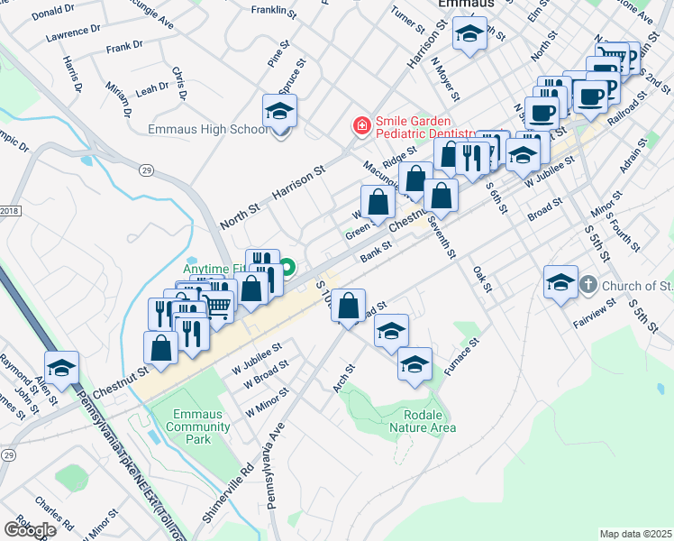 map of restaurants, bars, coffee shops, grocery stores, and more near 926-928 Chestnut Street in Emmaus