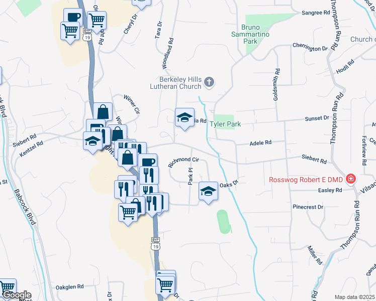 map of restaurants, bars, coffee shops, grocery stores, and more near 633 Park Place in Pittsburgh