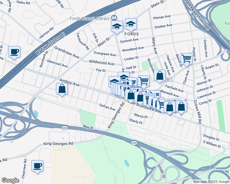 map of restaurants, bars, coffee shops, grocery stores, and more near Maple Drive in Edison