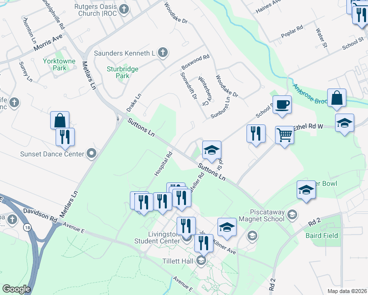 map of restaurants, bars, coffee shops, grocery stores, and more near 9 Redbud Road in Piscataway