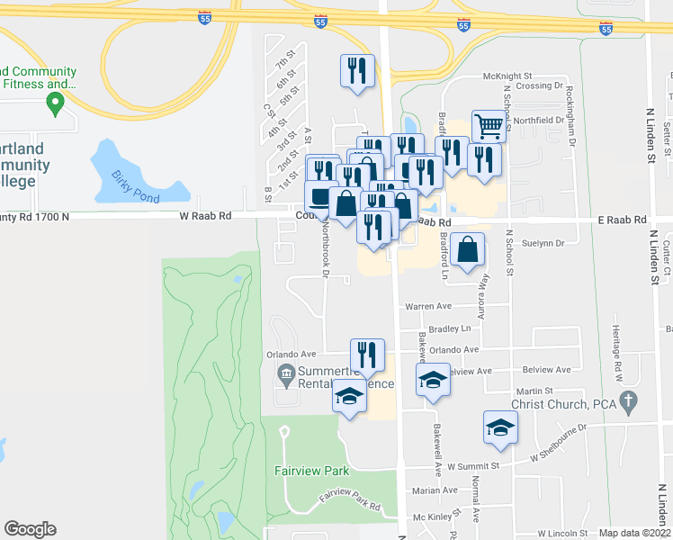 map of restaurants, bars, coffee shops, grocery stores, and more near 1600B Northbrook Drive in Normal