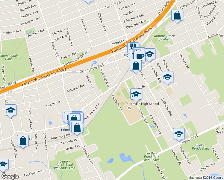 map of restaurants, bars, coffee shops, grocery stores, and more near 5608 Amboy Road in Staten Island