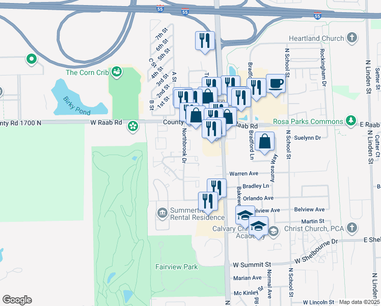 map of restaurants, bars, coffee shops, grocery stores, and more near 1600 Northbrook Drive in Normal