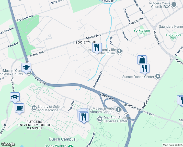 map of restaurants, bars, coffee shops, grocery stores, and more near 413 Lancaster Court in Piscataway
