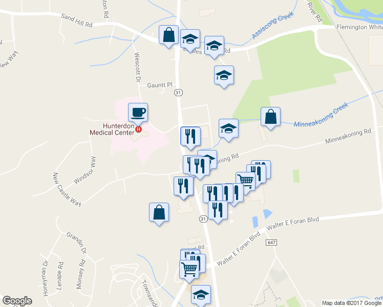 map of restaurants, bars, coffee shops, grocery stores, and more near 174 Rte 31 in Flemington
