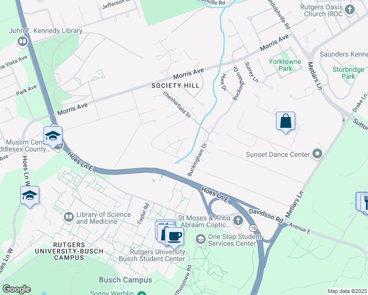 map of restaurants, bars, coffee shops, grocery stores, and more near 414 Lancaster Court in Piscataway Township