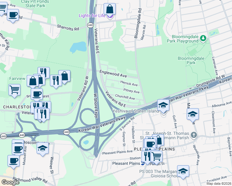 map of restaurants, bars, coffee shops, grocery stores, and more near 124 Churchill Avenue in Staten Island