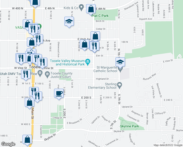 map of restaurants, bars, coffee shops, grocery stores, and more near 34 South Broadway Avenue in Tooele