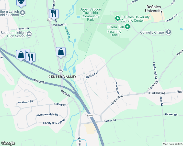 map of restaurants, bars, coffee shops, grocery stores, and more near 3557 Station Avenue in Lehigh County