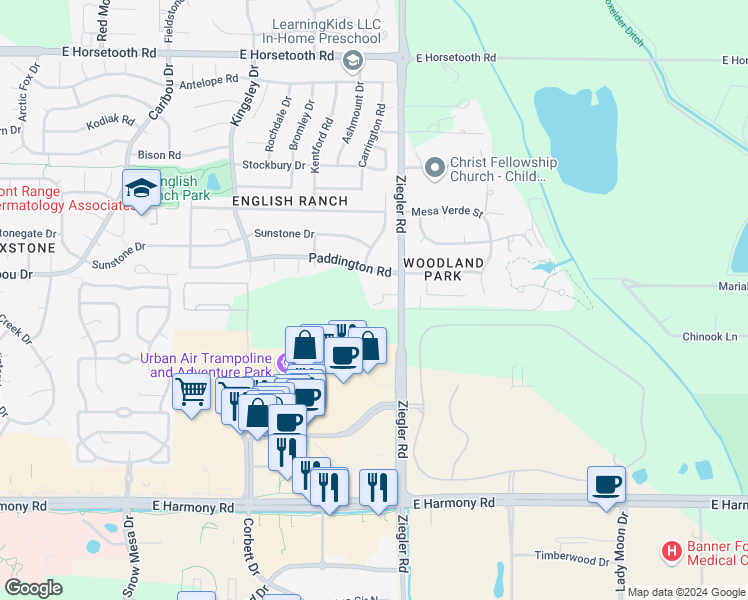 map of restaurants, bars, coffee shops, grocery stores, and more near 4109 Ziegler Road in Fort Collins